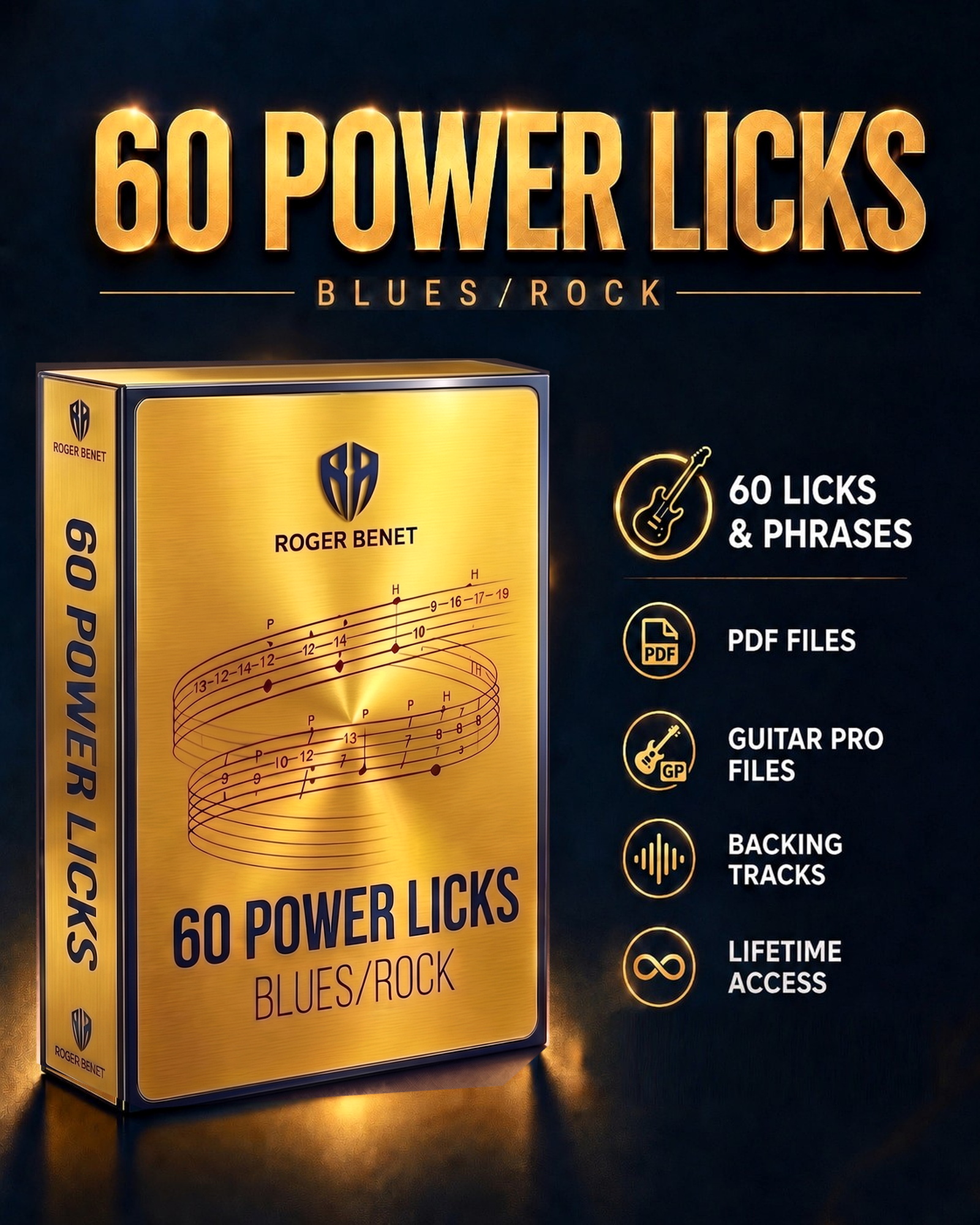 60 Power Licks Blues/Rock pack mockup with included resources and Roger Benet branding